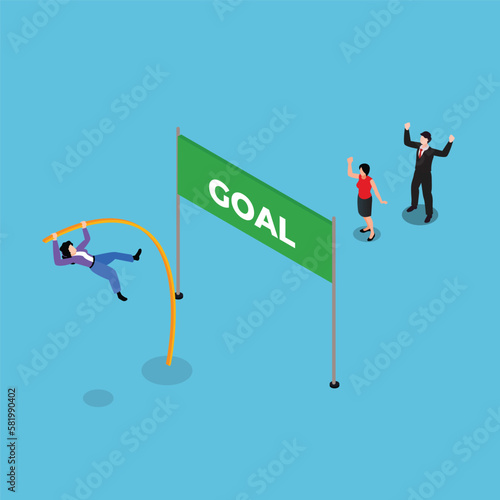 Business woman jumping use pole vault supported by her business team 3d isometric vector illustration concept for banner, website, landing page, ads, flyer template