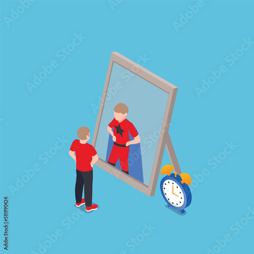 Looking At Mirror Boy Seeing Himself As Super Hero 3d isometric vector illustration concept for banner, website, landing page, ads, flyer template