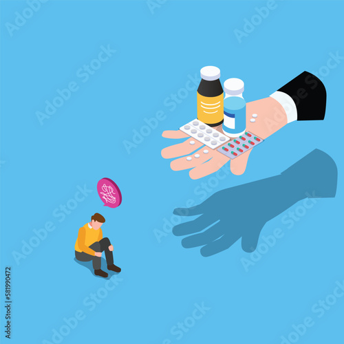 Offering medications to a guy have problems with mental health 3d isometric vector illustration concept for banner, website, landing page, ads, flyer template