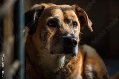 A dog is waiting to be adopted in a shelter. Canine in shelter. Generative AI