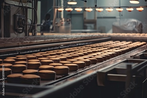 Cakes being baked in a factory or plant that produces confectionary and food on an automatic conveyor belt or line. Production of delicious loaves and cookies in the food sector, toned, close up