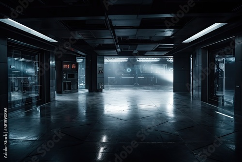 Dark  empty space with a contemporary  sci fi backdrop. Generative AI