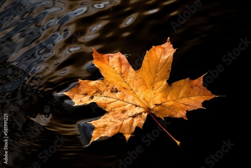 Autumnal feeling, a maple leaf in the ocean. selective attention. superior photograph. Generative AI