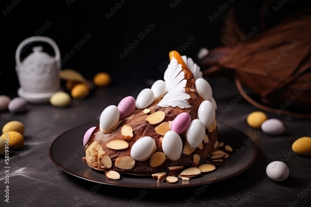 Easter dove is a traditional Italian delicacy for the holiday. Dark background, festive pastries with almonds and sugar icing, and Easter eggs. Generative AI Easter dove is a traditional Italian delicacy for the holiday. Dark background, festive pastries with almonds and sugar icing, and Easter eggs. Generative AI