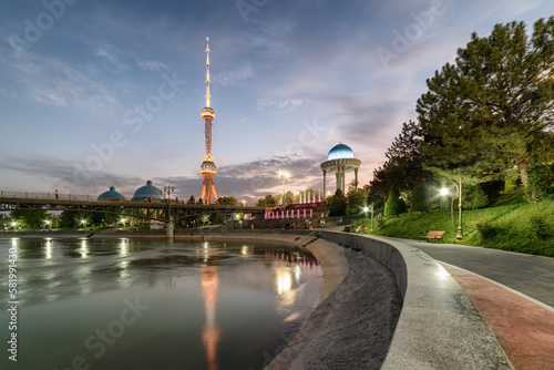 Evening view of Tashkent TV Tower and rotunda in Uzbekistan © efired