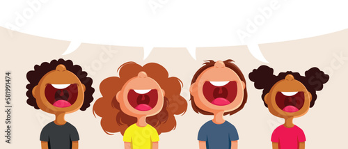 Group of Children Speaking Together at Once Vector Illustration. Happy school kids talking and singing all at the same time
