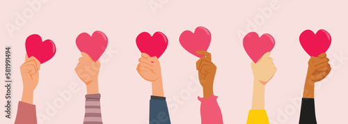 Hands Holding Hearts Showing Love and Support Vector Illustration. People coming together for charity and donation work 
