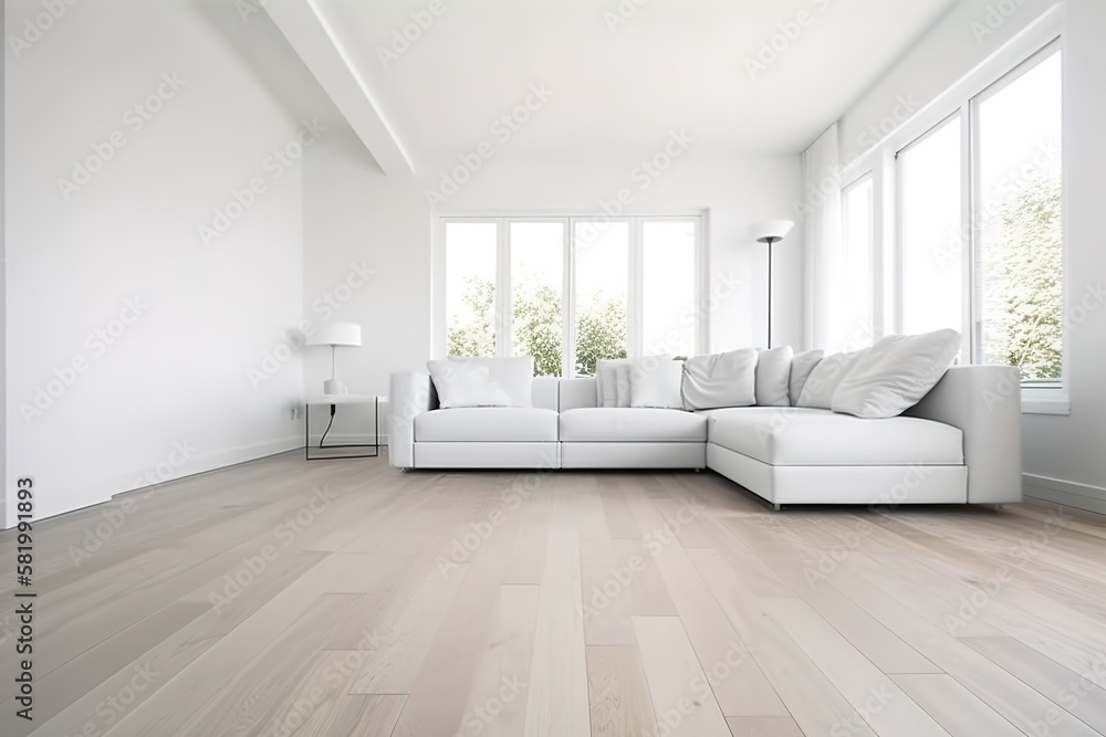 Fototapeta premium modern bright interior with white walls, sofa and wooden floor, generative AI
