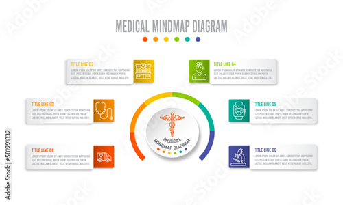 Medical Infographic template for Health business. 6 option Modern Mindmap diagram and icon. Vector infographic timeline template. eps10