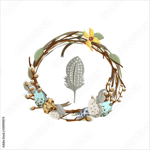 Holy Easter. Cute easter egg, nest, branch and leaves. Eco rustic decoration. Vector flat cartoon illustration. Perfect for poster, print, card, invitation, greeting, tag