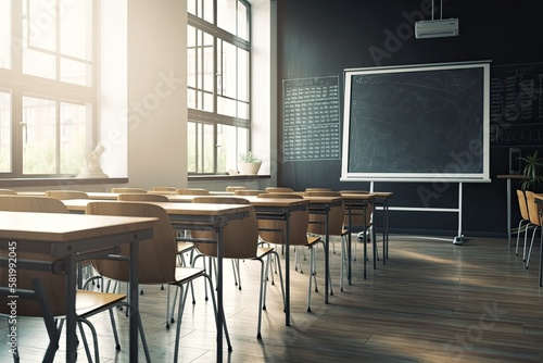 Blur Class room chair and table with white board and projector screen. white black colour concept. Generative AI photo