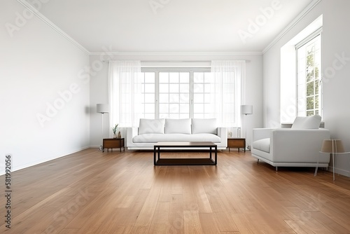 modern bright interior with white walls  sofa and wooden floor  generative AI