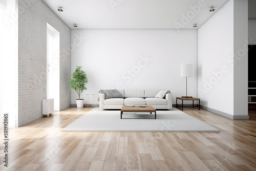 modern bright interior with white walls, sofa and wooden floor, generative AI