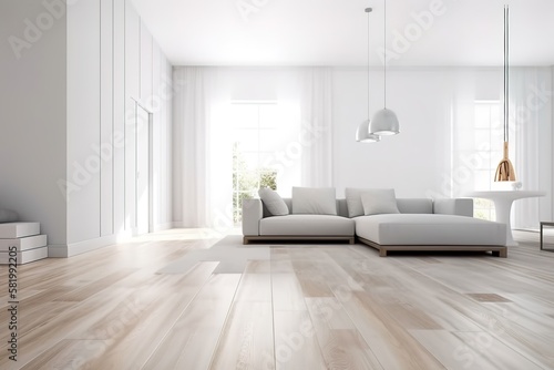 modern bright interior with white walls, sofa and wooden floor, generative AI