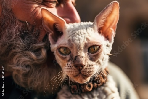 Close up of a bearded man hugging and loving his adorable purring Devon Rex cat. a cat's muzzle and a man's face. love both pets and people. Weasel relationship. Generative AI