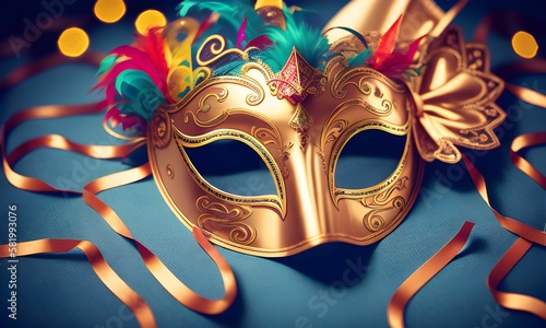 Carnival, Venetian mask, imitation, masquerade decorations with shiny ribbons on abstract defocused Bokeh lights, fantasy, generated in AI