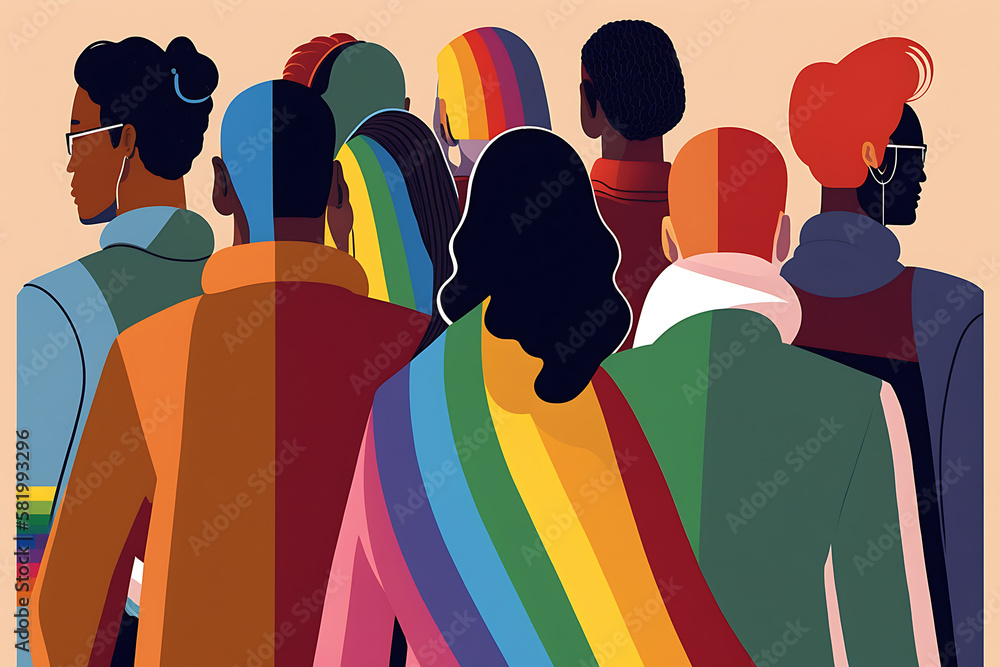 Diversity of man, woman, straight, gay, lesbian, parade with rainbow flag, generative ai