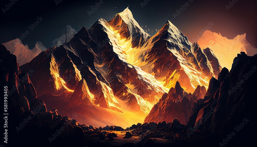 a mountain peaks at sunrise with a golden glow illuminating the mountain peaks and surrounding landscape, Generative AI, Illustration