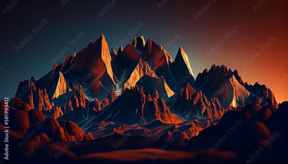 a mountain peaks at sunset with a fiery red and orange sky as the backdrop, casting long shadows across the landscape, Generative AI, Illustration