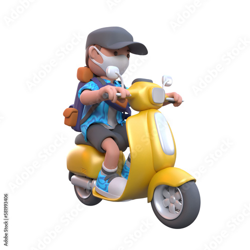 3d rendering - cartoon boy using scooter for traveling