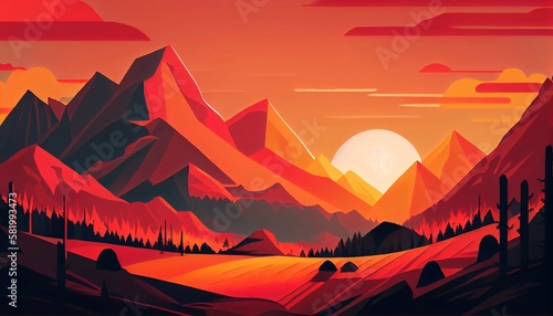 a mountain peaks at sunset with a fiery red and orange sky as the backdrop  casting long shadows across the landscape  Generative AI  Illustration
