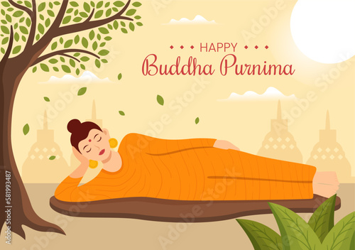 Happy Buddha Purnima Illustration with Vesak Day or Indian Festival to Spiritual in Flat Cartoon Hand Drawn for Web Banner or Landing Page Templates