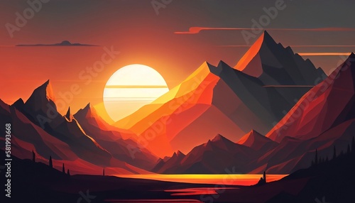 a mountain range at sunrise with the sun peeking over the horizon  casting a warm and inviting light over the landscape  Generative AI  Illustration