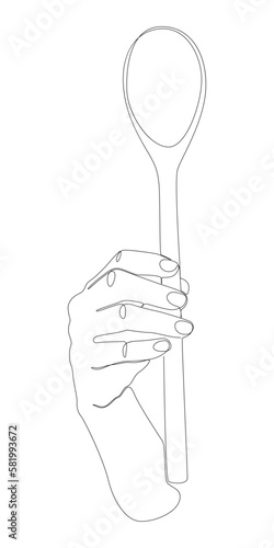 One continuous line of hand holding a Wooden Spoon. Thin Line Illustration vector concept. Contour Drawing Creative ideas.