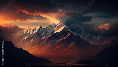 a mountain range at sunset with clouds surrounding the peaks, creating a dramatic and moody effect, Generative AI, Illustration