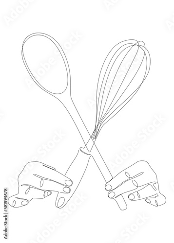 One continuous line of hand holding Wire Whisk and Wooden Spoon. Thin Line Illustration vector concept. Contour Drawing Creative ideas.