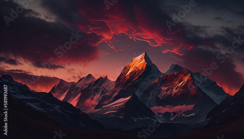 a mountain range at sunset with clouds surrounding the peaks, creating a dramatic and moody effect, Generative AI, Illustration