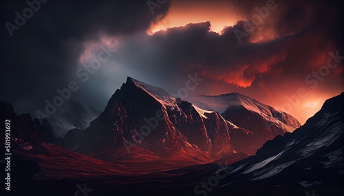 a mountain range at sunset with clouds surrounding the peaks  creating a dramatic and moody effect  Generative AI  Illustration