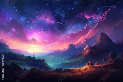 digital art illustration of a fantasy landscape with a vivid shining sky at night. Generative AI