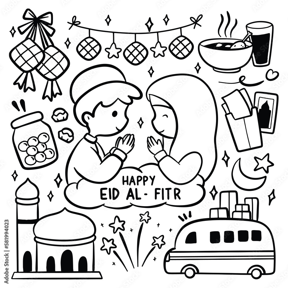 Eid al Fitr Hand Drawn Doodle, Idul Fitri Cartoon Design Element