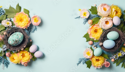 easter eggs and flowers on a wooden background