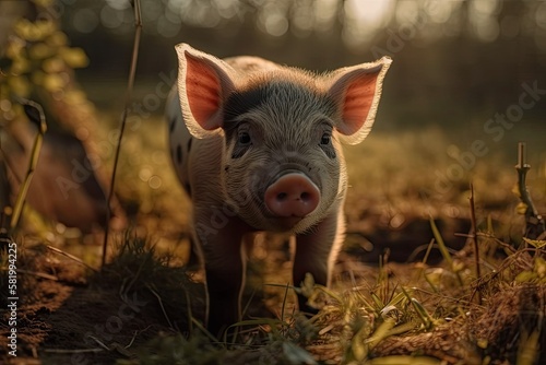adorable piglet in a meadow. Generative AI