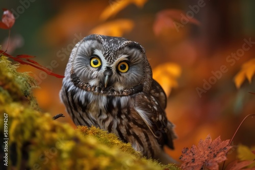 Boreal owl, Aegolius funereus, detail portrait in the natural environment, Czech Republic, amid the orange larch autumn woodland. In the jungle, there was a lovely tiny bird. Generative AI © AkuAku