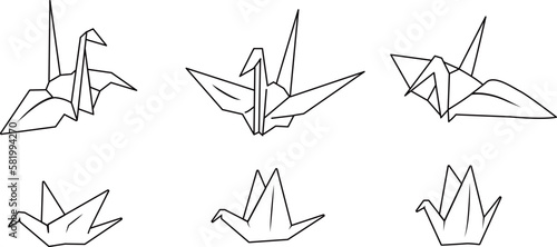 折り紙で作った6羽の折り鶴の線画ベクター素材セット