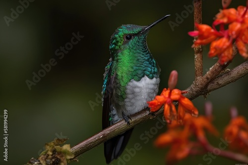 Andean Emerald Uranomitra franciae hummingbird, green and white bird found at forest edge, woodland, gardens and scrub in the Andes of Colombia, Ecuador and Peru, red flower. Generative AI