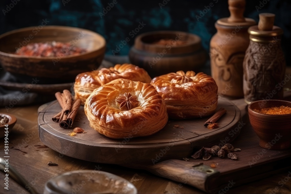 Delicious pastry from India, served on a dish and set on a wooden table. rustic style, vertical angle,. Generative AI Delicious pastry from India, served on a dish and set on a wooden table. rustic style, vertical angle,. Generative AI