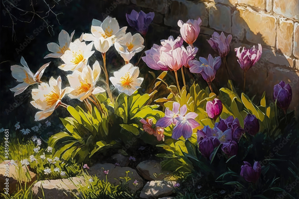 spring flowers in the garden in sunlight, generative AI