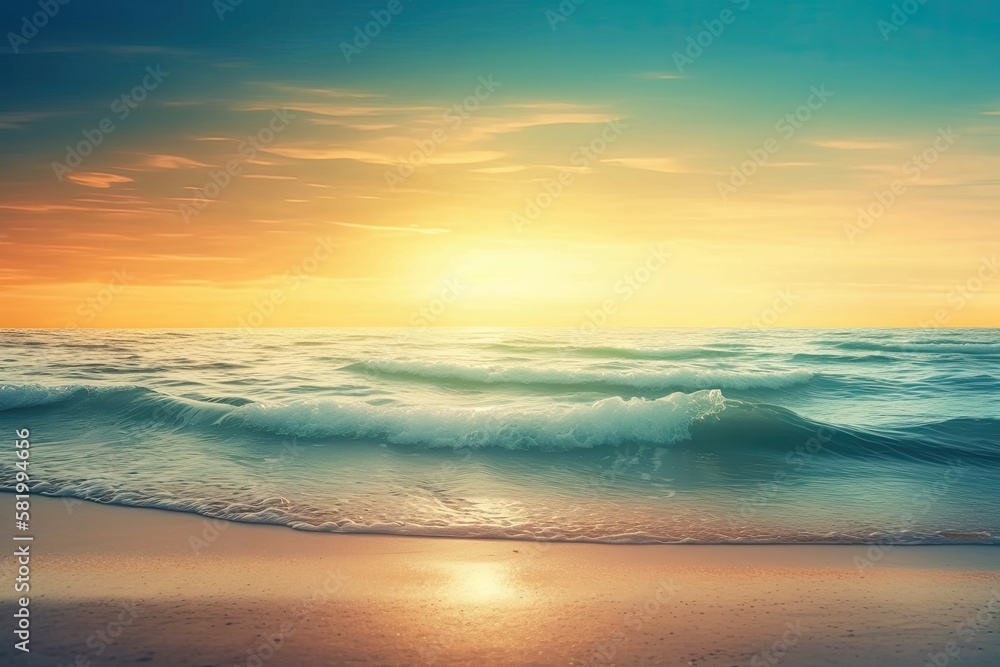 Beautiful abstract sea background for summer or spring. a beach with golden sand, a blue ocean, a cloudy sky, and a setting sun. Generative AI