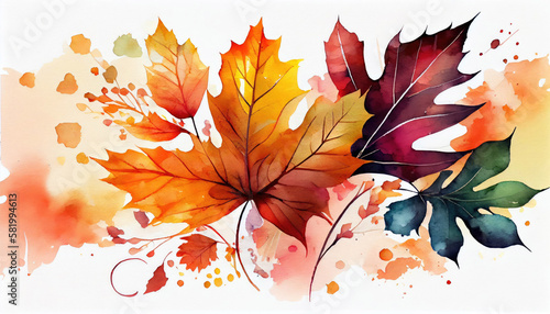 Watercolor abstract background autumn collection with maple and seasonal leaves  perfect for your designed web, wall, cards with Generative AI Technology