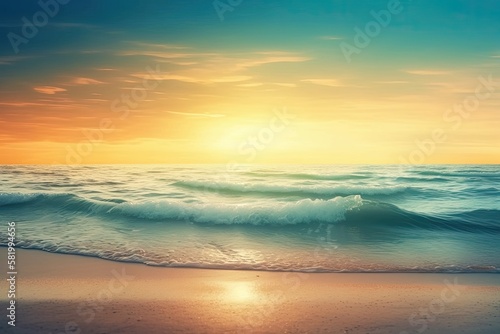 Beautiful abstract sea background for summer or spring. a beach with golden sand  a blue ocean  a cloudy sky  and a setting sun. Generative AI