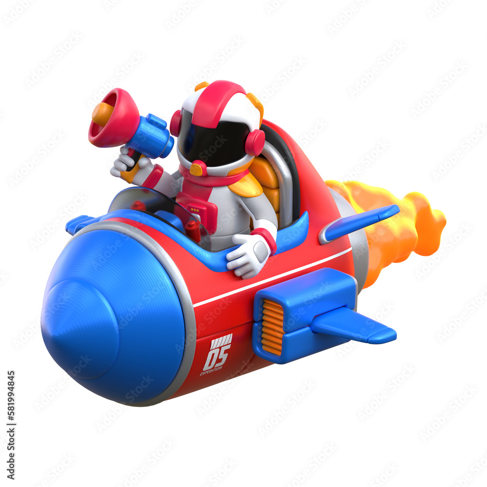 3D Rendering - Cartoon Astronaut Riding Rocket  
while holding a megaphone