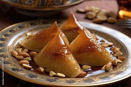 Arabic cuisine; Qatayef or Atayef, a traditional Ramadan dessert. Close up of mouthwatering Ramadan dish with honey syrup and roasted nuts. Generative AI