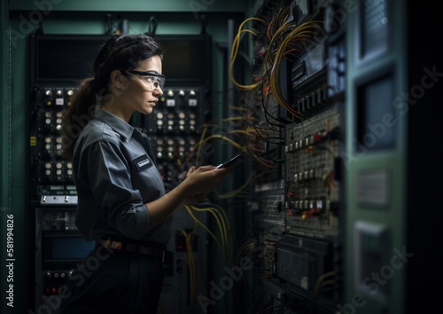 Portrait of a woman electrical engineer working front HVAC control panels. Generative AI.