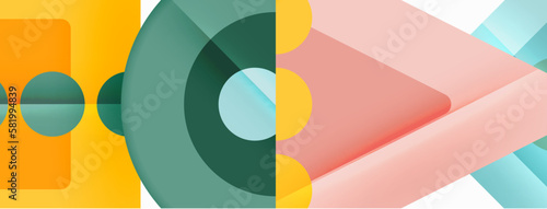 Trendy minimal geometric abstract background. Triangles, squares and circles bright colors backdrop. Vector Illustration For Wallpaper, Banner, Background, Card, Book Illustration, landing page