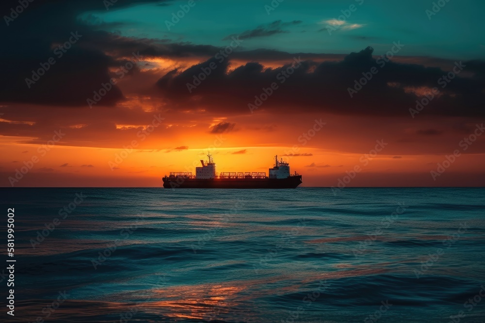 Beautiful ocean sunset with a backdrop of azure water, colorful clouds, and ship and oil tanker silhouettes. Generative AI