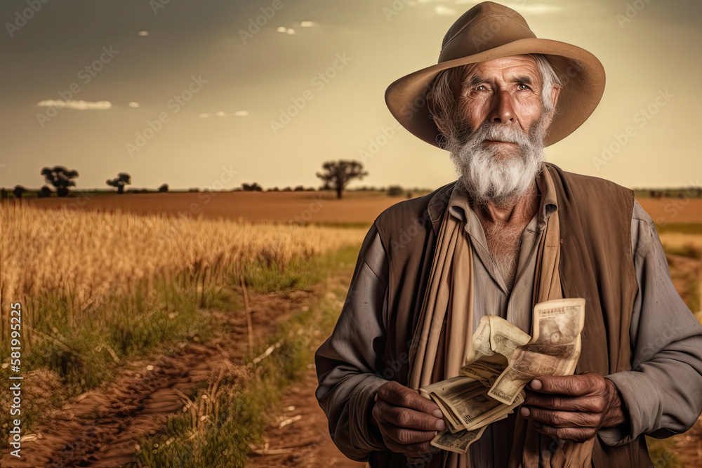 Ethnic Poor Farmer Holding Cash, generated AI, generated, AI Ethnic Poor Farmer Holding Cash, generated AI, generated, AI